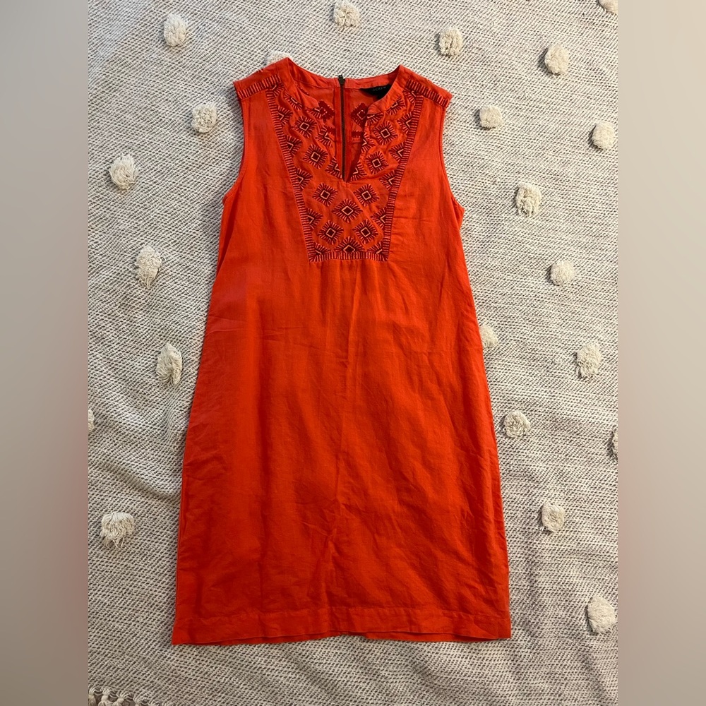 J Crew Linen Blend Embroidered Sunburst Shift Dress